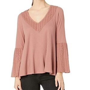FREE PEOPLE Parisian Nights Embroidered Eyelet Bell Sleeve Top Small Rose Pink